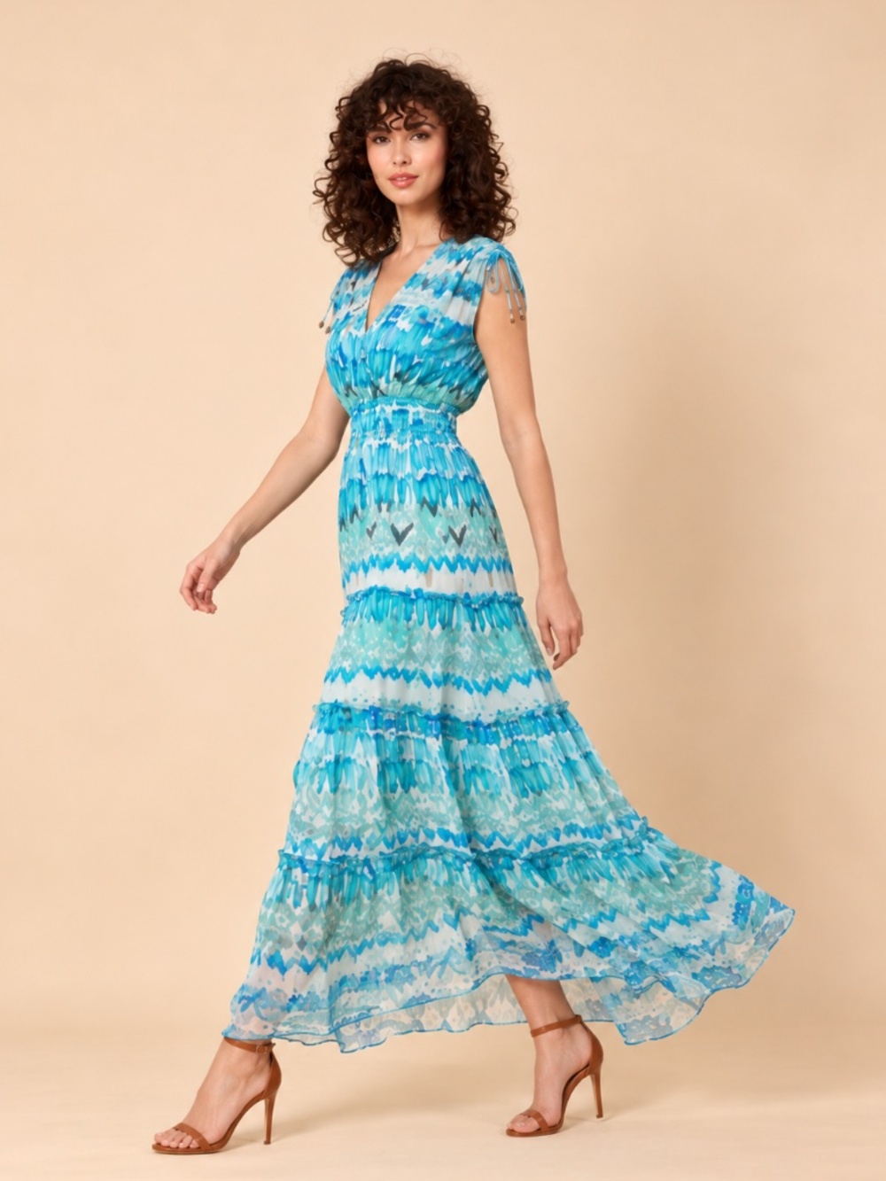 Hale Bob Metallic Embroidered Tiered Maxi Dress Aqua Blue XS